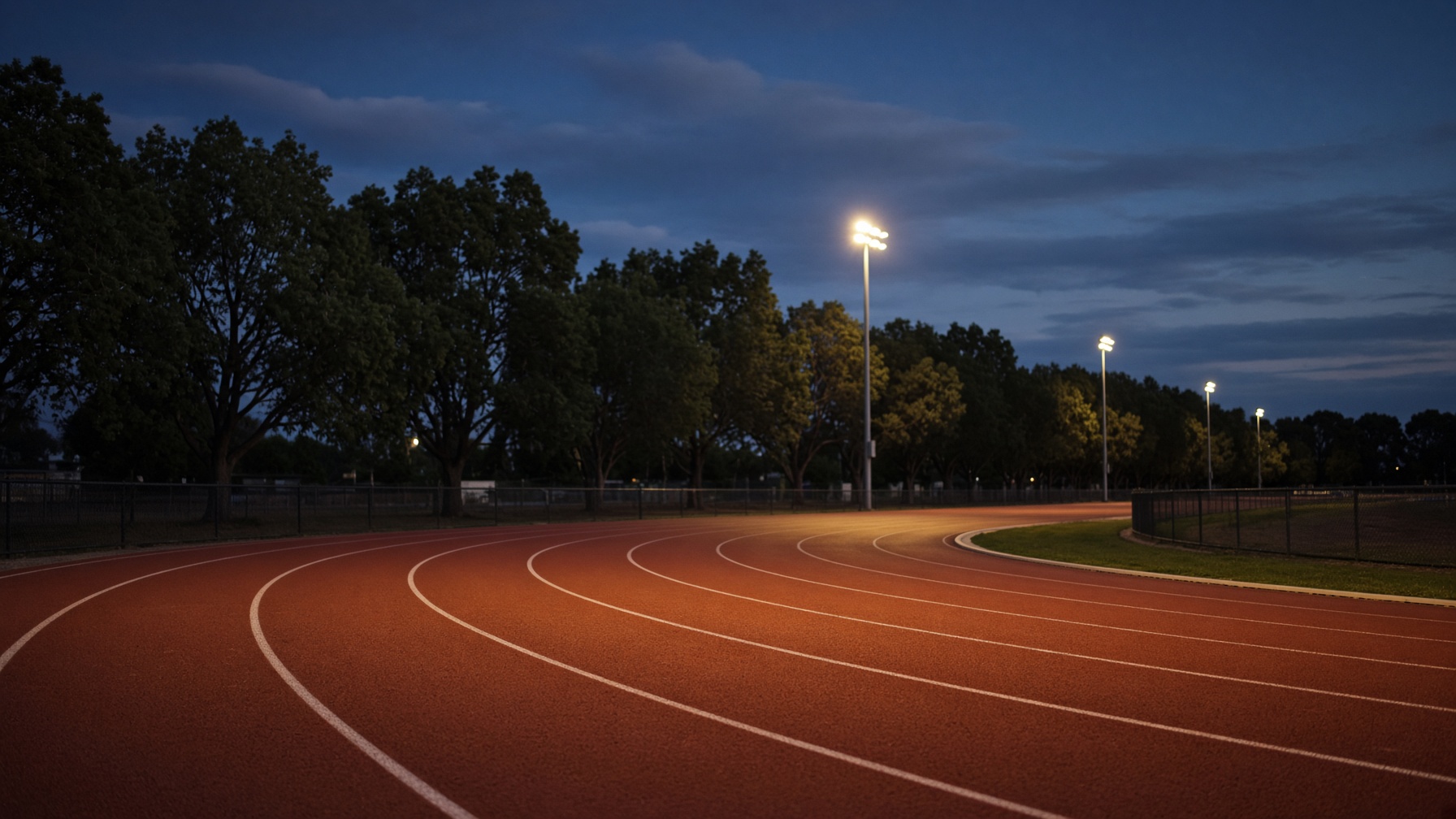 Floodlit bend of an empty red athletics track at dusk